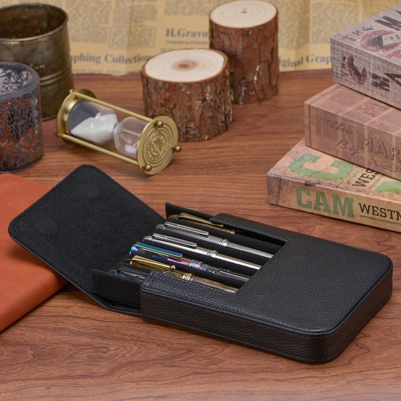 Lanxivi Genuine Leather Fountain Pen Case 6 Slot Black Leather