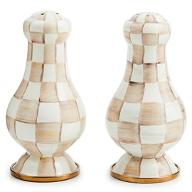 MACKENZIE-CHILDS Enamel Salt and Pepper Shakers, Kitchen Table Spice Shaker Set, Brown-and-White Mocha Check, Large