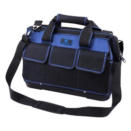 ROCKCOON Tool Bag 16'', Multi-pocket Tool Organizer with Water Proof Plastic Base, Heavy Duty Tote with Shoulder Strap for Tool Storage, Black & Blue