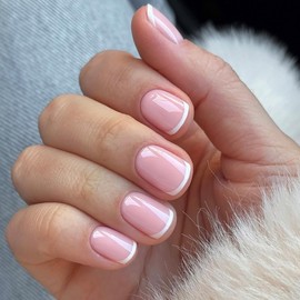 24PCS Press on Nails French Tip - Square False Nails Short - Fake nails with Glue - Light Pink Stick on Nails - Round Square Nail Tips Glossy Elegant for Women Girls DIY French Manicure