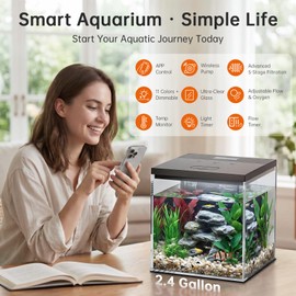 PAWGETHER® Smart Fish Tank, 2.4 Gallon Glass Aquarium with App Control, Betta Nano Tank Wireless Quiet Pump 5-Stage Filtration Water Flow Lighting Timers 11-Color Temp Monitor for Desk Home Office
