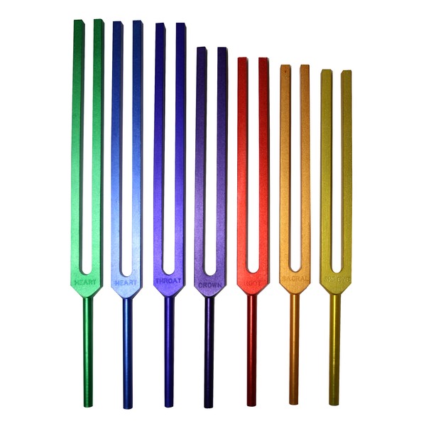 Radical Chakra Colored Tuning Forks with Long Handles - Security Sexual Ego Love Trust Emotions - Meaning of Life - Balancing of Chakras with Striker & Pouch