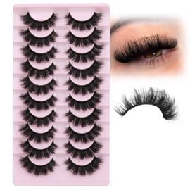 Faux Mink Lashes Fluffy Cat-Eye Lashes D Curl False Eyelashes Natural Look Eyelashes 3D Volume Russian Strip Lashes 10 Pairs Pack