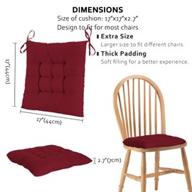 ELFJOY 4 Pack Chair Cushions for Dining Chairs 17x17 inch Seat Cushions for Kitchen Chairs Soft and Comfortable Square Chair Pads with Ties, Claret