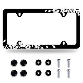 Black White Cherry Blossoms License Plate Frame Floral Flowers License Plate Stainless Steel Rust-Proof Auto Parts Colorful License Plate Cover Decorative with Screws Size 12.3" x 6.3" Men Women