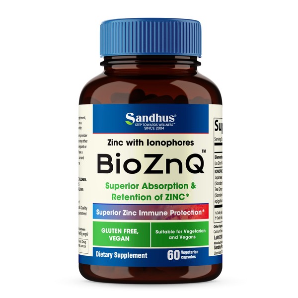 Sandhu's BioZnq- Zinc Supplement with Quercetin & Green Tea Extract- Immune Support Supplement for Men & Women- 60 Vegetarian Capsules
