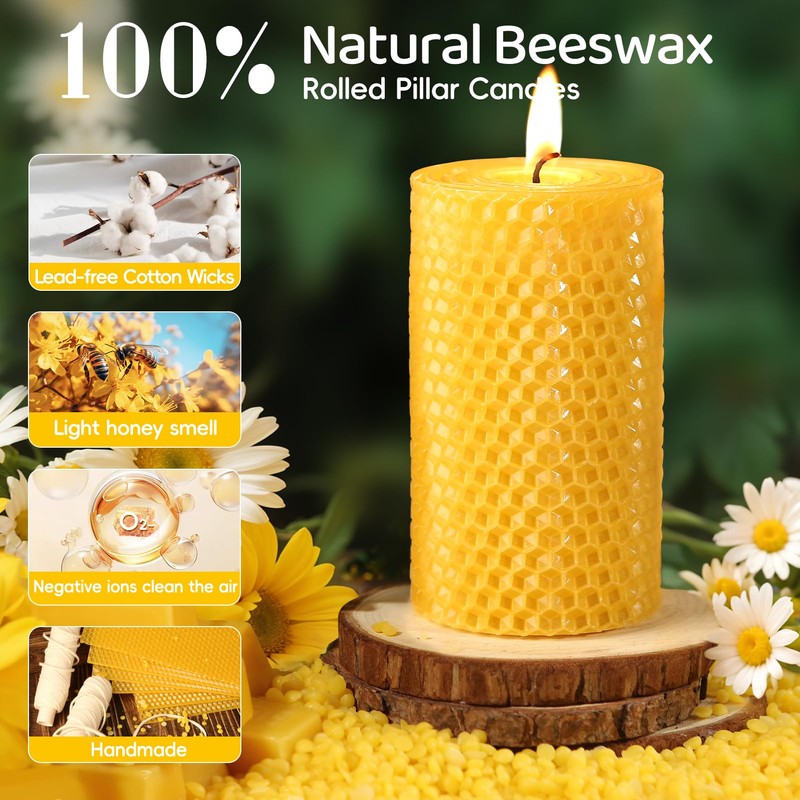 3 Pack Natural Beeswax Pillar Candles,Handmade Pure Beeswax Rolled Candle-60