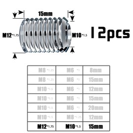 TXXATX Pack of 12 Threaded Insert M12 to M10 x 15 mm Threaded Sleeve Stainless Steel Thread Adapter Set Reducing Nut with Male Thread Reducing Nut for Furniture Projects Automobiles Mechanical Devices
