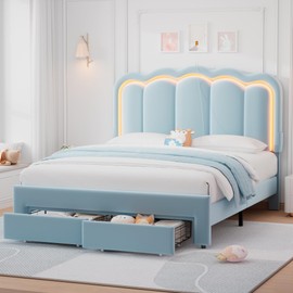 Queen Upholstered LED Bed Frame with 2 Storage Drawers and Adjustable Chic Double Wavy Headboard, Velvet Princess Platform Bed with Charing Station, Solid Wood Slats Support,No Box Spring Needed,Blue