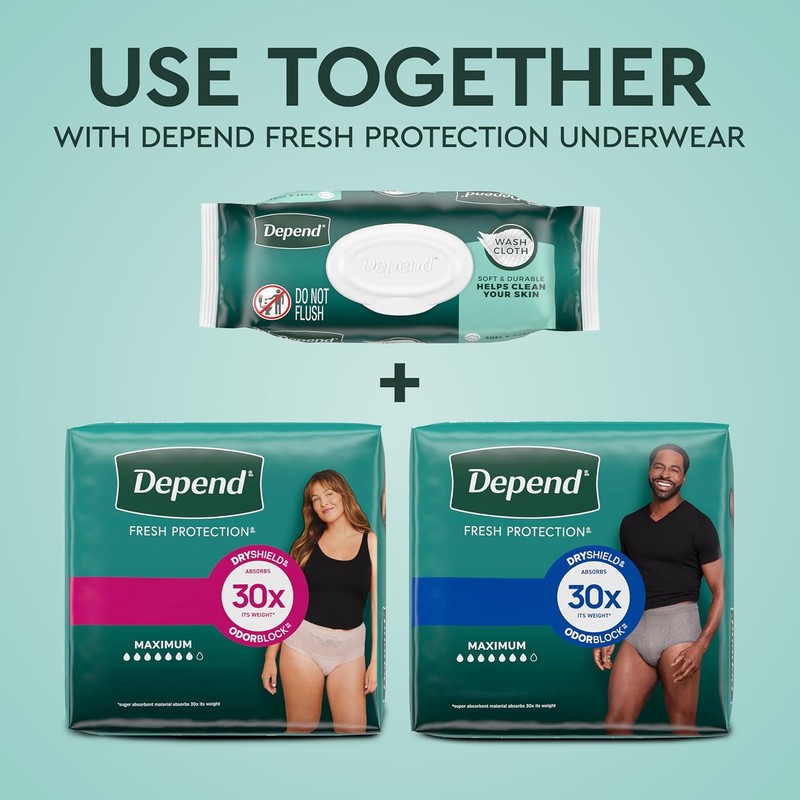 Depend XL Disposable Washcloths for Adults, 8 Flip-Top Packs, 42