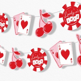 Big Dot of Happiness Lucky in Love Garland Banner, Las Vegas Bachelorette Party Decor, 30 Feet of Cord, 15 Double-Sided Red & Pink Retro Cherry, Poker Chip, Queen of Heart Playing Card Pieces