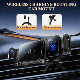 Wireless Charging Rotating Car Mount, High Intelligent 2 in 1 Auto Rotating Phone Holder, One-Click Rotation & Clamping,Car Charger Fast Charging,Universal Phone Holder for Smartphone/Pad (Black)