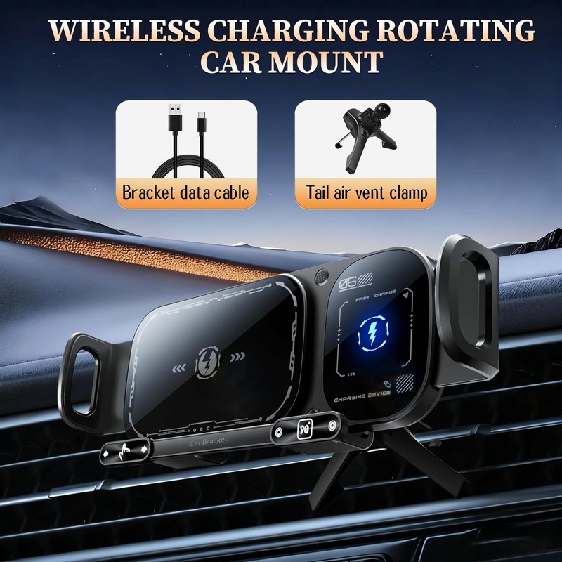 Wireless Charging Rotating Car Mount, High Intelligent 2 in 1