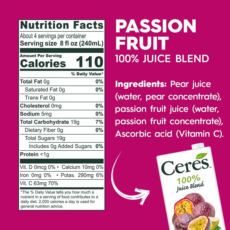 Ceres Passion Fruit Juice Blend, 3-Pack – 100% Natural, Rich