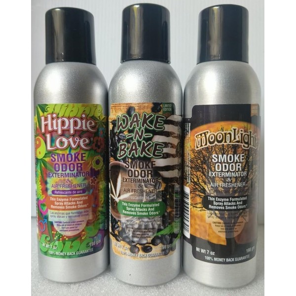 Smoke Odor Exterminator 198 gm/ 7 oz Large Spray Hippie Love Set of Three Cans. Assortment (3) Includes Hippie Love, Wake N Bake and Moonlight.