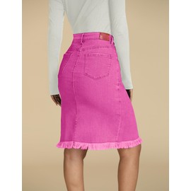 luvamia Women's Casual Denim Skirt Mid Waisted Ripped Distressed Frayed Raw Hem Midi Skirts for Women Hot Pink XX-Large Fits Size 20 Size 22