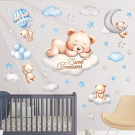 DECOWALL SG2-2407 Sweet Dream Bear Wall Stickers Decals Baby Room Décor Nursery Boy Wallpaper Decorations Home Blue Moon Stars Teddy Peel and Stick Bedroom Playroom Sleeping Cloud