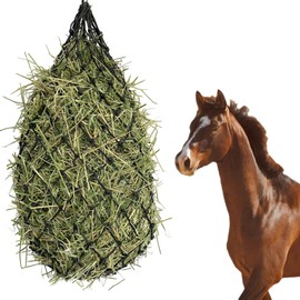 Hay Net for Horses, Large Robust Hay Bag for Horses, Hay Net Tight Mesh with Rings, Black Hay Bag 40 inches Length with 2 Inch Holes, Improves Digestion & Wellbeing of Animals