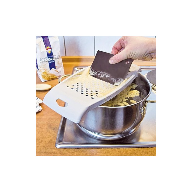 FACKELMANN Spaetzle Grater with Dough Scraper, White, Plastic Spätzle Slicer,