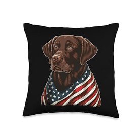 Chocolate Labrador With American Flag Patriotic USA Throw Pillow