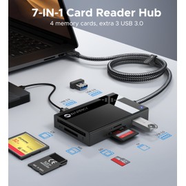 SD Card Reader USB 3.0, WARRKY [2.5FT Nylon Braided, Extra USB 3.0 Ports, 5Gbps] 7 in 1 Memory Card Reader, Micro SD Card Adapter for microSD, SDXC, SDHC, CF, MS, MMC, Micro SDXC/SDHC, UHS-I, More