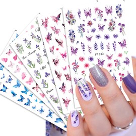 Doneace Flower Butterfly Nail Art Stickers Spring Nail Decals 3D Self-Adhesive Nail Art Supplies Colorful Floral Designer Nail Sticker for Women Manicure Decorations 5 Sheets