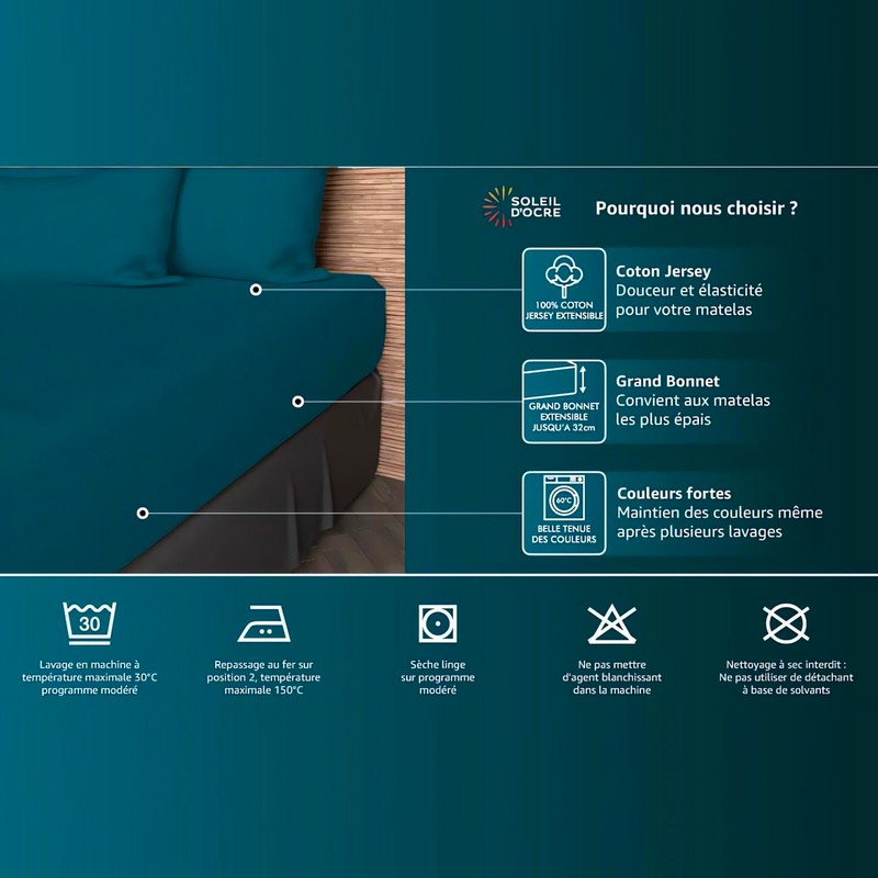 Soleil d'ocre, Jersey Fitted Sheet, Cotton, Blue, 140x190 cm