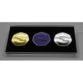 THE COMMEMORATIVE COIN COMPANY LTD Trio of CONCORDE Commemoratives in 50p Coin Display Case. Silver, 24ct Gold, Full Colour. Supersonic Jet Aircraft, British Airways, Air France
