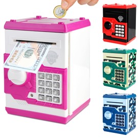 Pup Go Digital ATM Money Box for Kids Ages 3-12, Electronic Piggy Bank with Password Lock, Auto Scoll Cash Paper Savings Box, Safe Can for Coins & Bills, for Girls (Pink)