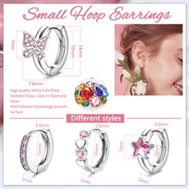Kakonia 4 Pair Small Silver Hoop Earrings for Women Girls Pink/Blue Heart Star Butterfly Zirconia Hoop Earrings Hypoallergenic Sleeper Huggie Cartilage Earrings Set for Kids