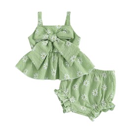 Baby Girl Daisy Outfit Print Smocked Tunic Tank Shirt with Bow-Knot Ruffle Bloomer Shorts Set Cute 2Pcs Newborn Summer Clothes Coming Home 0 3 6 9 12 18Months (Green, 0-3 Months)