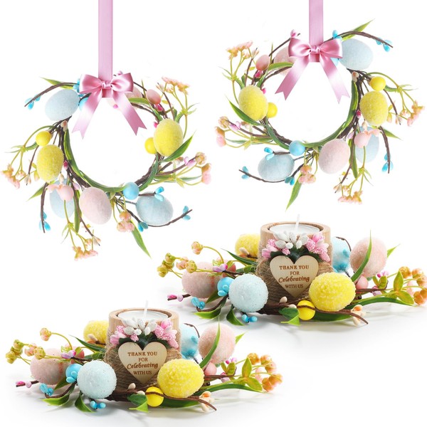 XunYee 4 Pcs Easter Candle Wreath Artificial Easter Egg Candleholder
