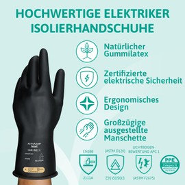 Ansell ActivArmr RIG011Y Electrician Gloves, Heavy Duty Natural Rubber & Latex Gloves for Electrical Installation, Ergonomic Arc Certification, Black Protective Gloves, 1 Pair, Size M