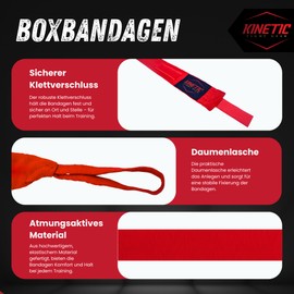 Kinetic Boxing Bandages - Premium Hand Wraps for Men, Women, Children - Perfect for Boxing, Kickboxing, Muay Thai, Fitness - Semi-Elastic with Thumb Loop - Breathable - Red 3.5 m
