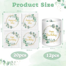 Pack of 20 Napkins Happy Birthday + 12 Pieces Lantern Table Decoration Birthday + 100 Pieces Confetti Birthday Decoration Green Birthday Decoration Woman Man Girl Boy Children Eucalyptus Table