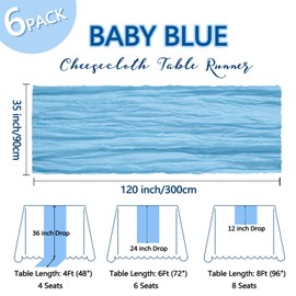 6 Pack Baby Blue Cheesecloth Table Runner 10Ft Gauze Cheese Cloth Table Runner 35x120 Inch Boho Sheer Rustic Fabric Runner for Party Decor Baby Shower Spring Wedding Table Decorations
