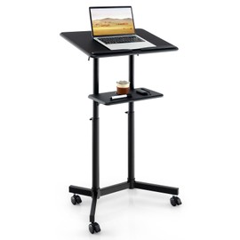 Tangkula Mobile Lectern Podium, Height-Adjustable Rolling Laptop cart with Tilting Top, Storage Tray & Cup Holder, Portable Pulpit Stand with Lockable Casters for Classroom, Church, Office