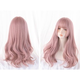 Sizuuenn Women's Lolita Women's Full Wig, Curly Long Hair, Bangs, Light Pink, Wig, Small Face, Fashion, Heat Resistant Wig, High Temperature Hair Yarn, Cosplay Wig, Dedicated Net Events, School