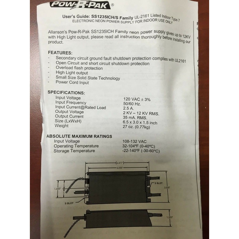 Allanson SS1235ICH 35mA 12000v Neon Transformer Power Supply