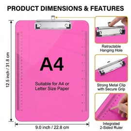 Clear Pink Plastic Clipboard,Clip Boards 8.5 x 11 with Ruler,Letter Size A4