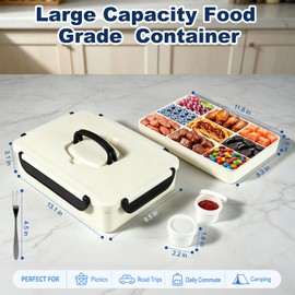 Snackle Box with Built-in Ice Pack,9 Compartment Divided Snack Container with Lid & Handle, Airtight Portable Lunch Tray with Sauce Cups, Metal Forks & Insulated Bag for School Travel Road Trip(BLACK)