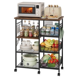 HapiRm Rolling Kitchen Carts with Storage - Microwave Table Stand with 6 Hooks & 3 Baskets, kitchen Island Cart on Lockable Wheels, 28.3" L × 14.6" W Bakers Rack Cart for Dining Room Coffee Bar Office