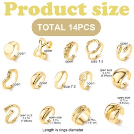 Puzxo 14 Piece 14K Gold Chunky Rings Set, Gold-Plated Thick Domed Stackable Open Rings, Trendy Dainty Minimalist Jewellery Gifts