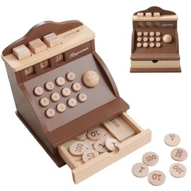Wooden Toy Register, Antique Style Drawer, Money Set, Number Card Learning Up to 3 Digits with Magnets, Learning Money, Education, Coin Dropping