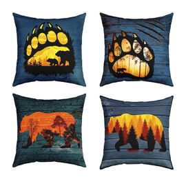 Set of 4 Rustic Bear Paw Print Throw Pillow Covers,Cabin Deer Hunting Cushion Case for Home Living Room Decor, Reversible Farmhouse Animals Navy Blue Decorative Throw Cushion Case, 20x20 Inches