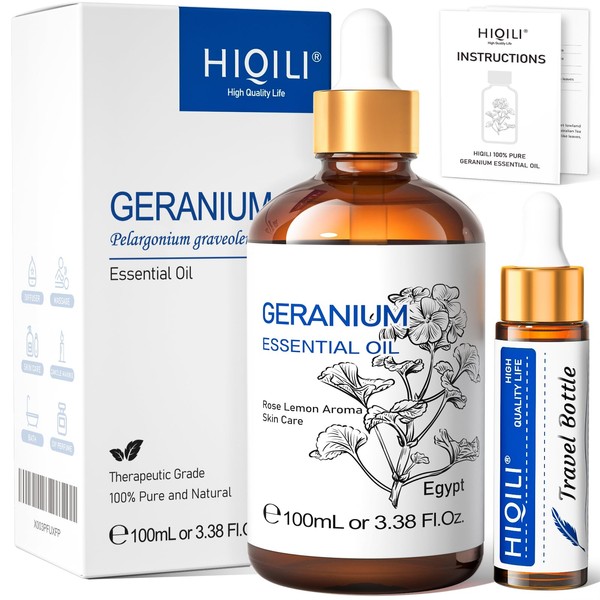 HIQILI Geranium Essential Oil, 100% Pure & Natural for Aromatherapy, Diffuser, Spray, Skin, Hair, Body Wash, Soap & Candle Making, Massage - 3.38 Fl Oz