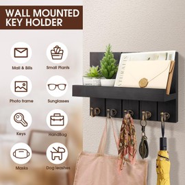 Nastopee Key Rack with Shelf, Decorative Wooden Wall Shelf, Key Rack Wood Black, with 5 Key Hooks, for Entrance, Hallway, Bedroom, Living Room