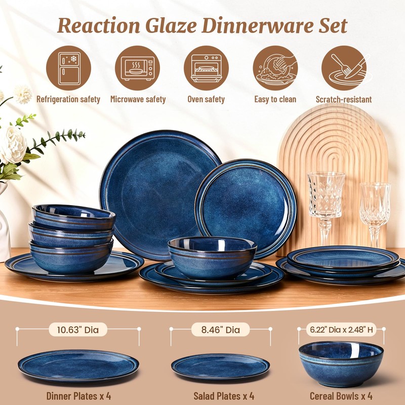 Feastly Plates and Bowls Sets 12 Pieces, Blue Reactive Glaze