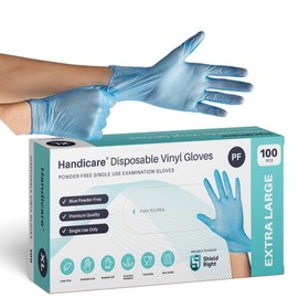 Handicare Disposable Blue Vinyl Gloves, Powder-Free, Latex-Free, Non-Sterile, Food Safe, Cleaning, Industrial Grade, Medical Exam (Box of 100, Medium)