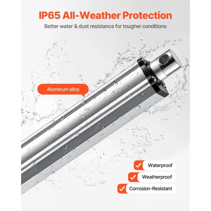 8 Inch IP65 Waterproof 12V Linear Actuator 675lbs/3000N 0.2"/s Motion